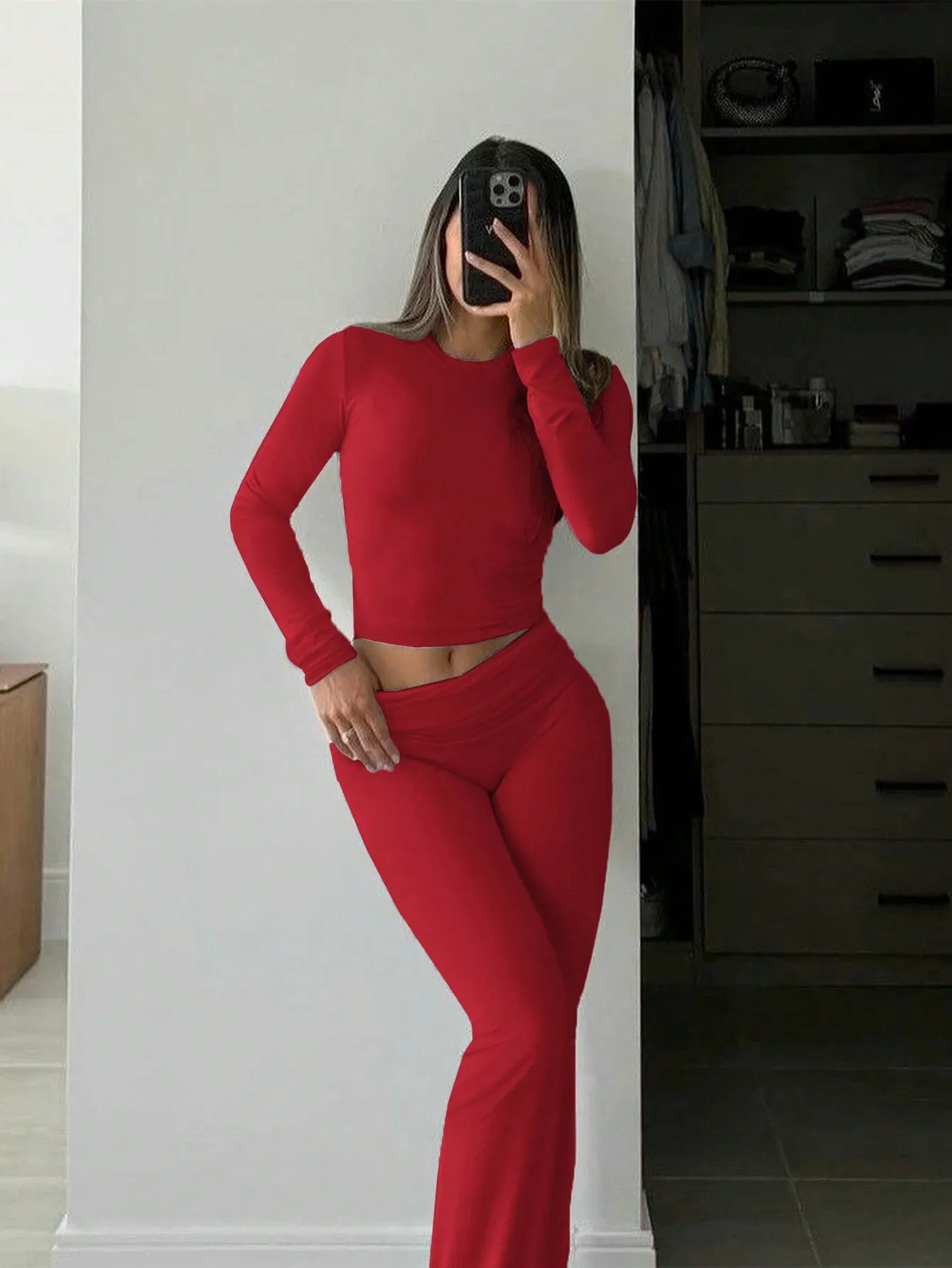 2pcs Women's Solid Color Cropped Long Sleeve Top And Pants Casual Set, Spring Summer