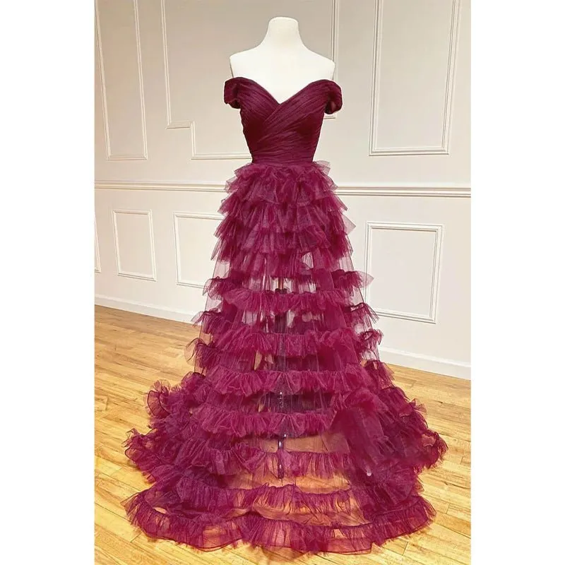 A-line Chic Off-shoulder Tulle Tiered Long Prom Dress