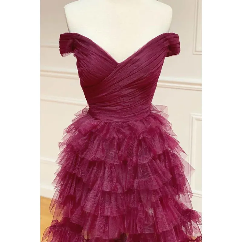 A-line Chic Off-shoulder Tulle Tiered Long Prom Dress