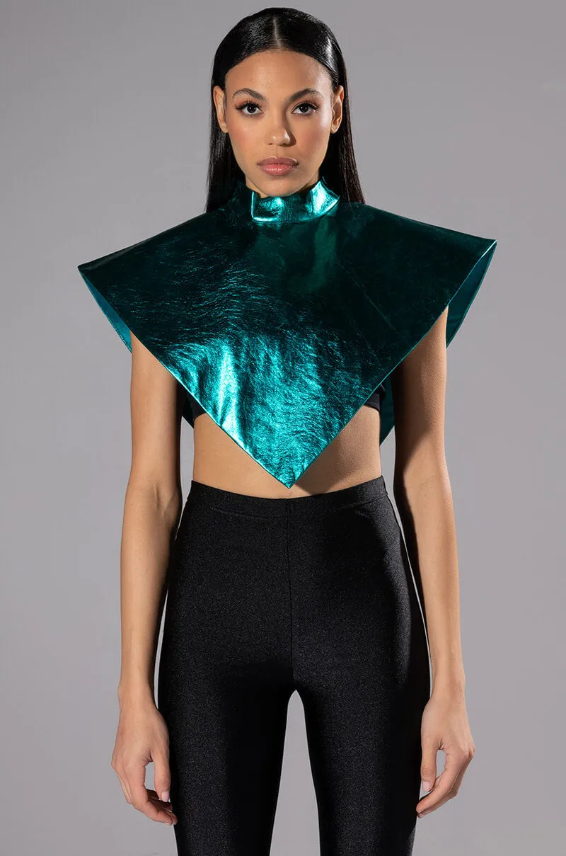 ARIA METALLIC FAUX LEATHER MOCK NECK TRIANGLE BLOUSE