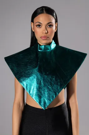 ARIA METALLIC FAUX LEATHER MOCK NECK TRIANGLE BLOUSE