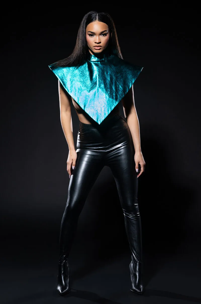 ARIA METALLIC FAUX LEATHER MOCK NECK TRIANGLE BLOUSE