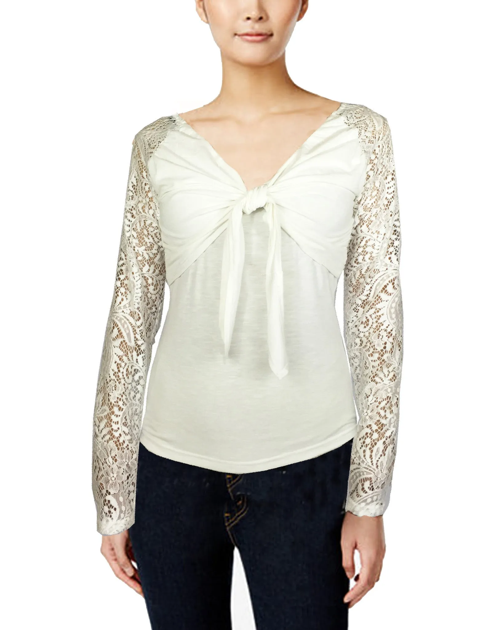 ASHORE WOMENS BOW TIE STRETCH LACE BLOUSE TOPS