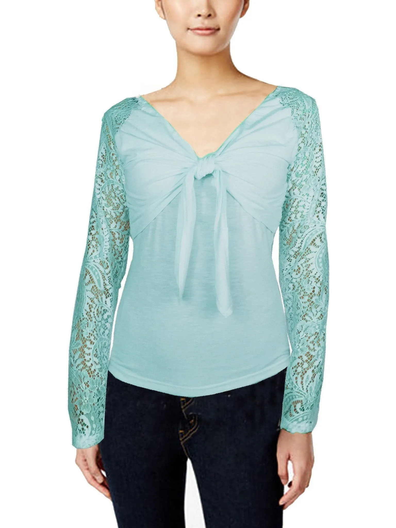 ASHORE WOMENS BOW TIE STRETCH LACE BLOUSE TOPS