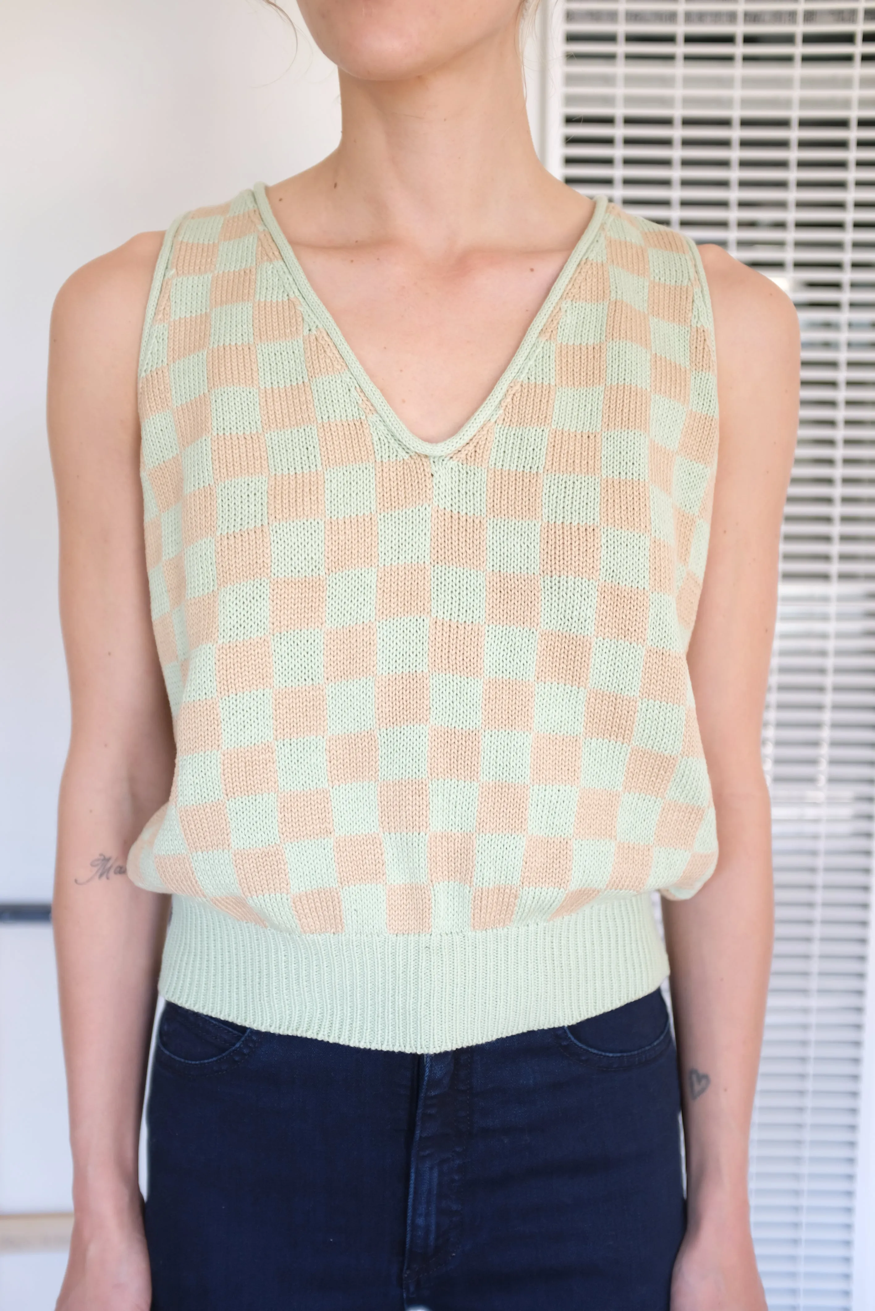 Beklina Knit Check Tank Mint Toast