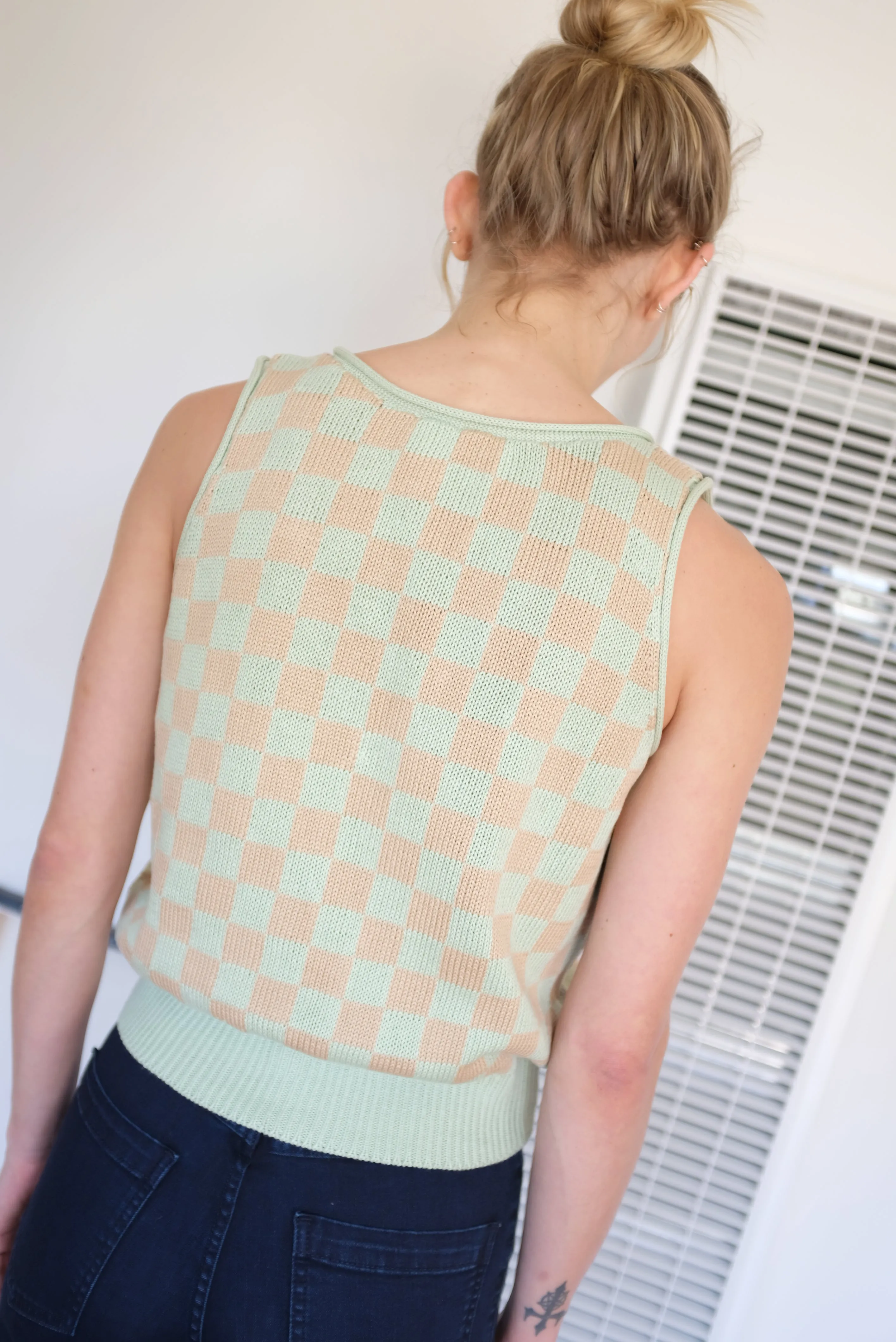 Beklina Knit Check Tank Mint Toast