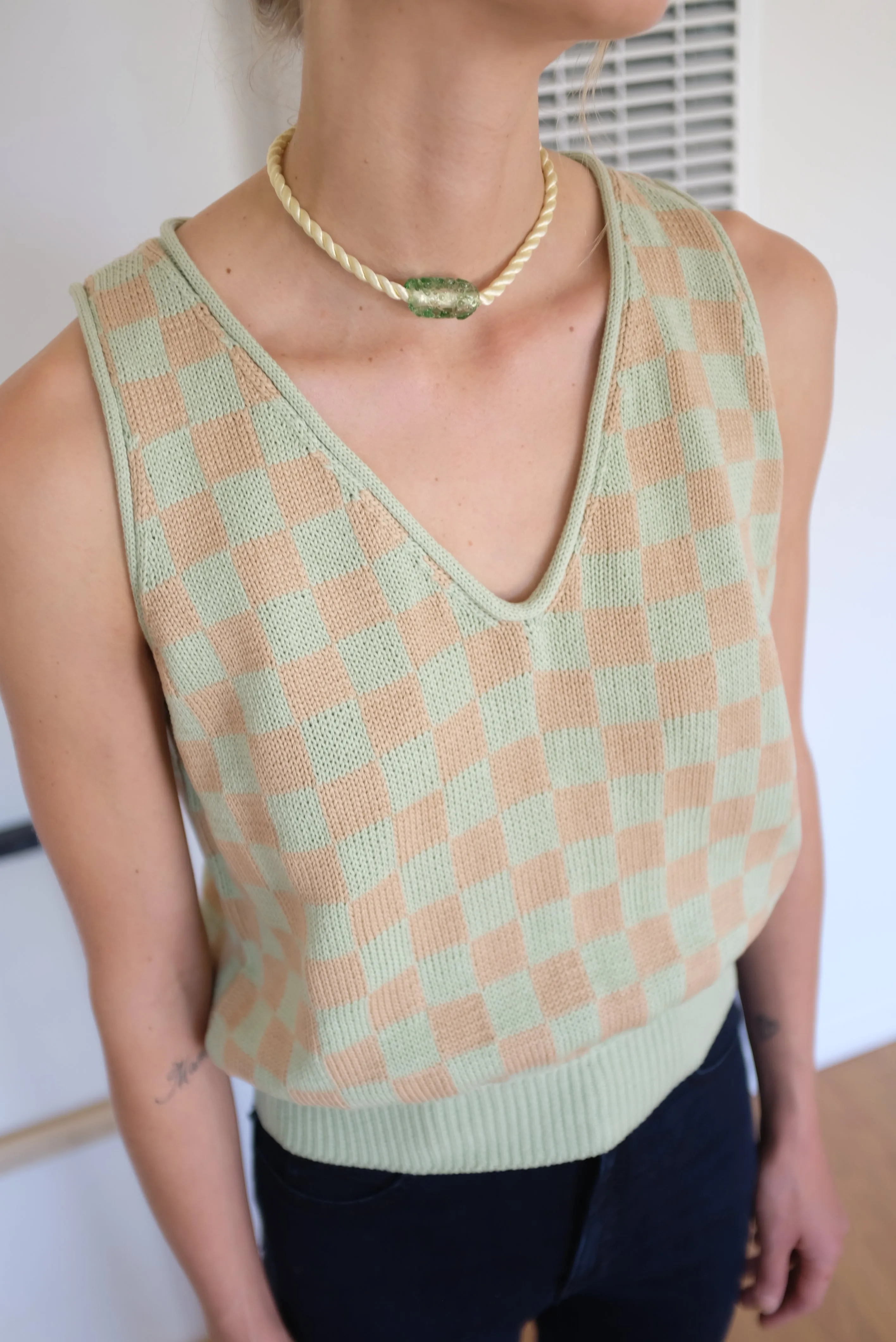 Beklina Knit Check Tank Mint Toast