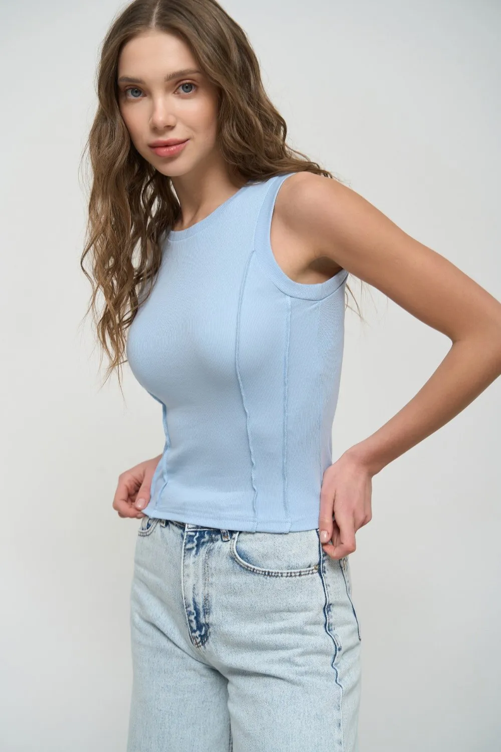 Blue Ribbed Seam Detail Top