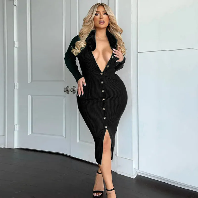 Bodycon Fur Collar Breasted Pit Strip Long-Sleeved Solid Color Dress Wholesale Dresses