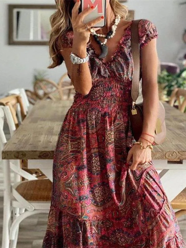 Boho Chic Floral Maxi Dress with Waist Tie