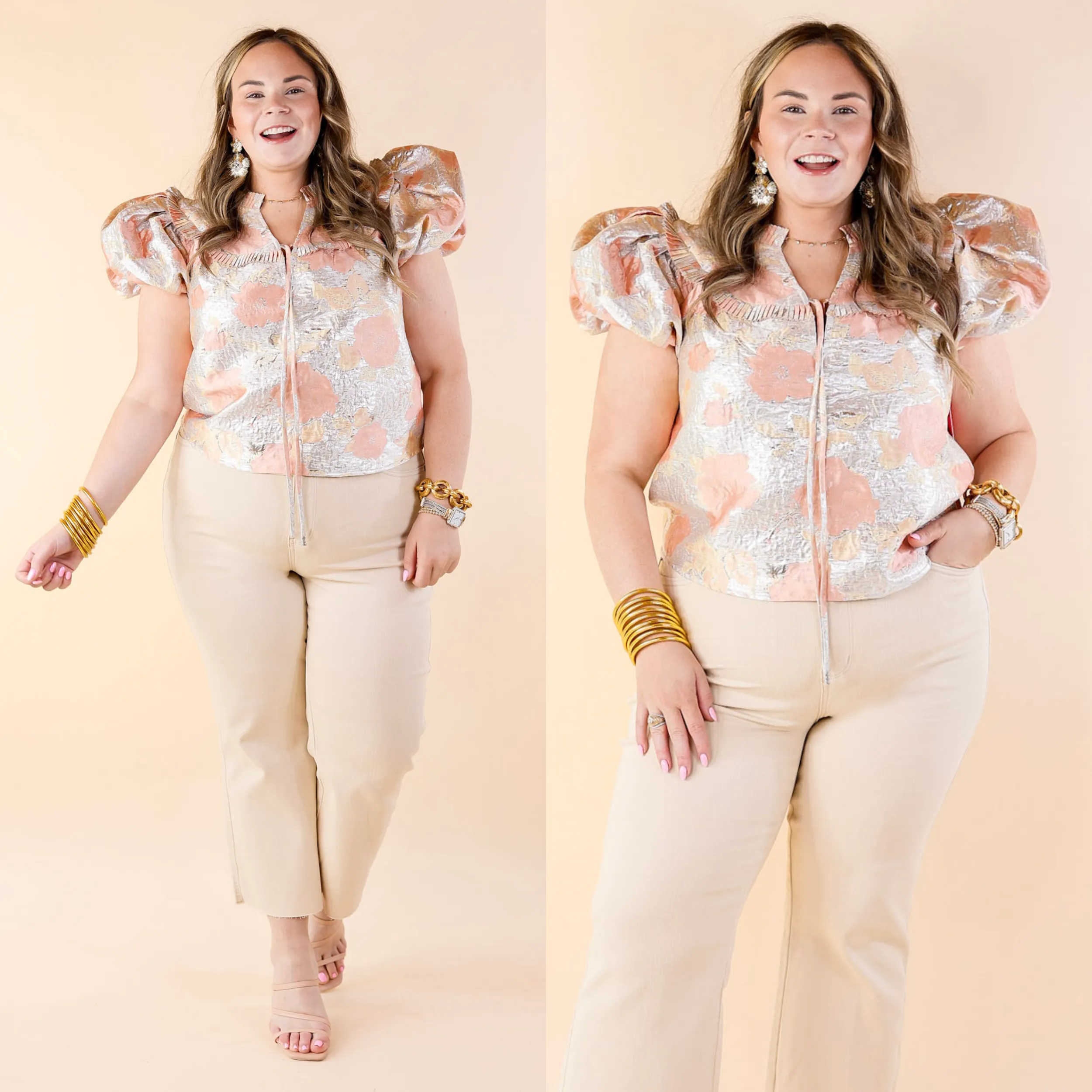 BuddyLove | Leeland Puff Sleeve Top in Sugar Cube (Silver and Peach)