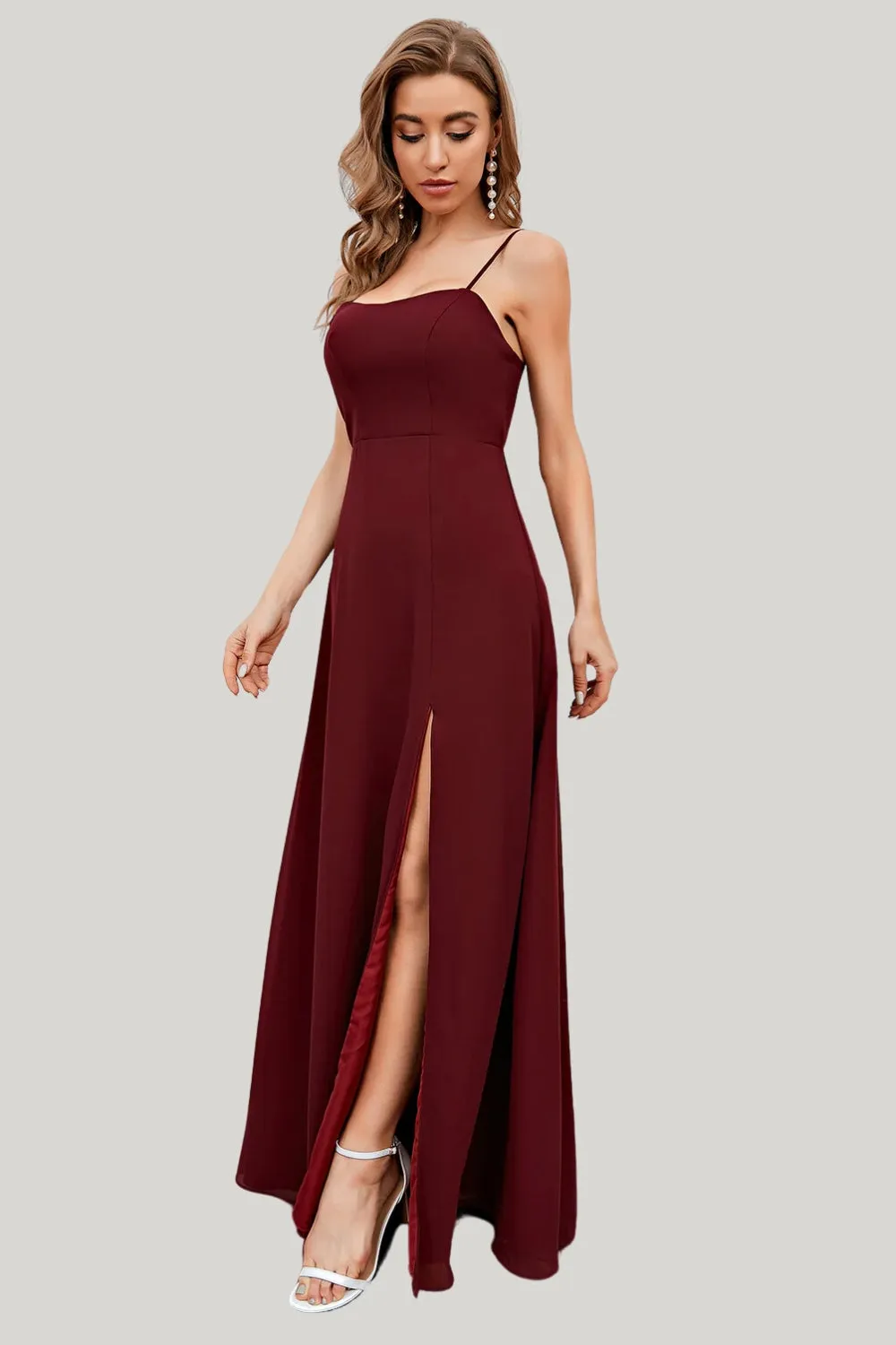 Burgundy Spaghetti Straps Maxi Dress with Slit