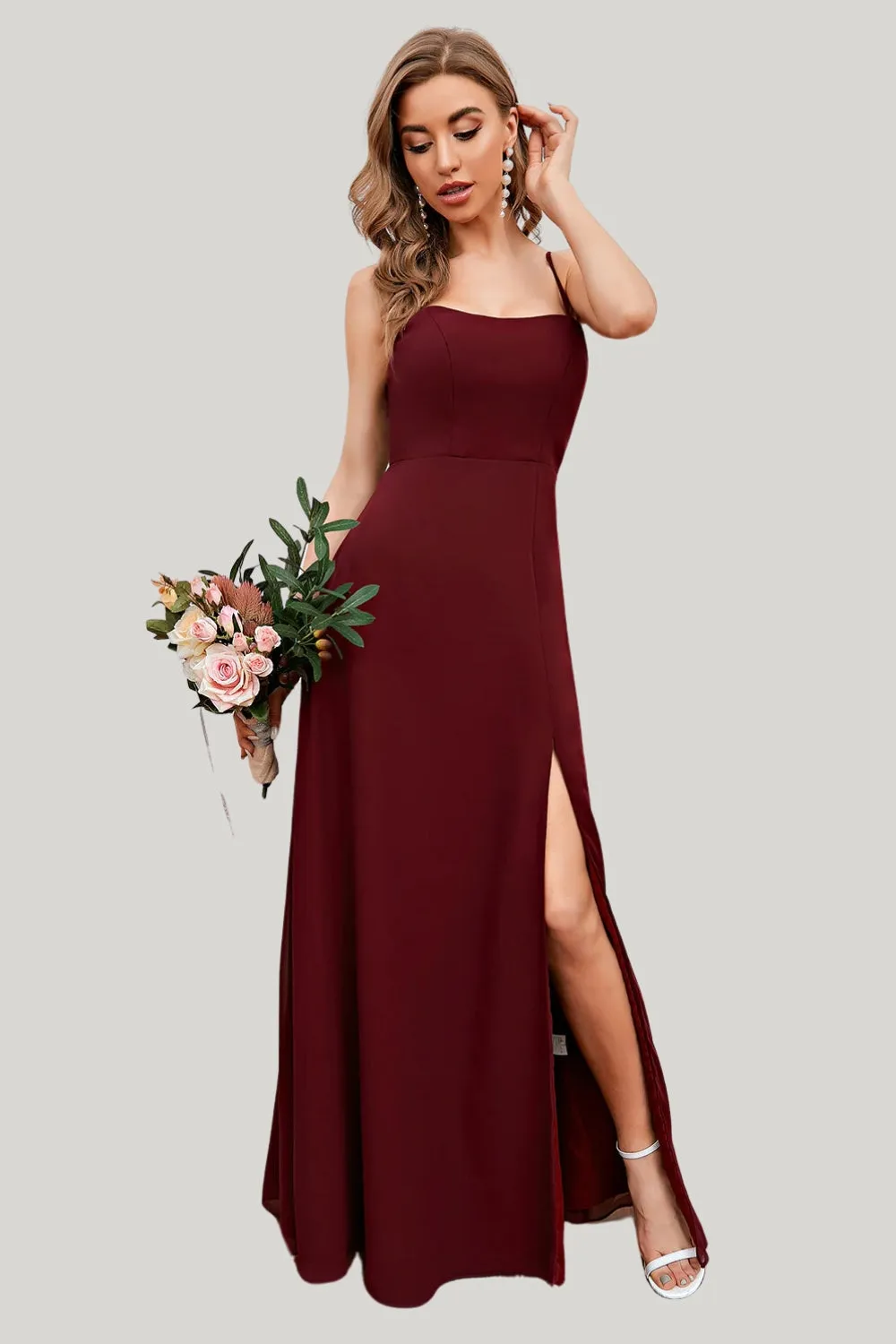 Burgundy Spaghetti Straps Maxi Dress with Slit