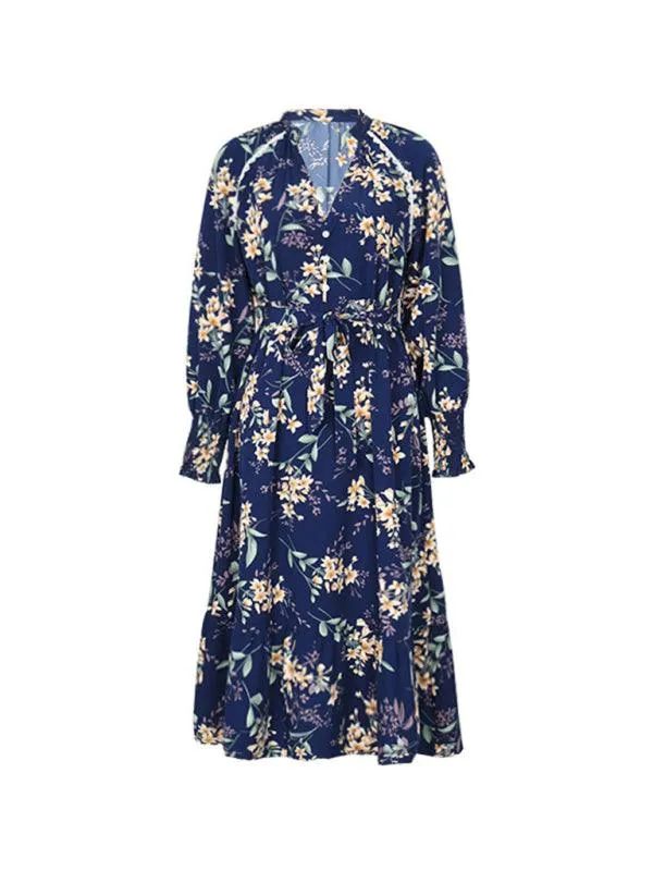 Chic Long Sleeve Floral Women's Polyester Dress