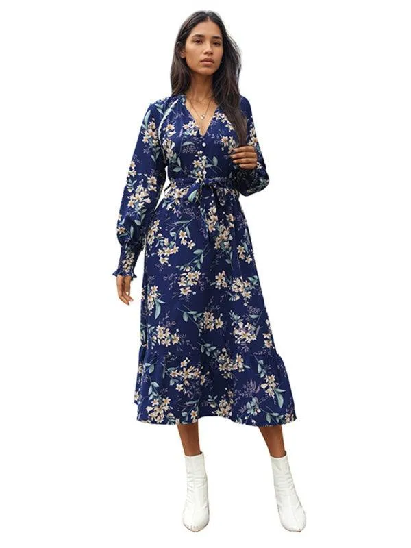 Chic Long Sleeve Floral Women's Polyester Dress