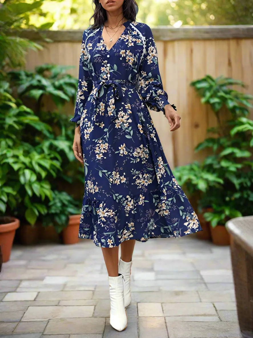 Chic Long Sleeve Floral Women's Polyester Dress