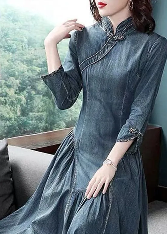 Chic Navy Stand Collar asymmetrical design Ruffles Cotton Denim Dresses Long Sleeve