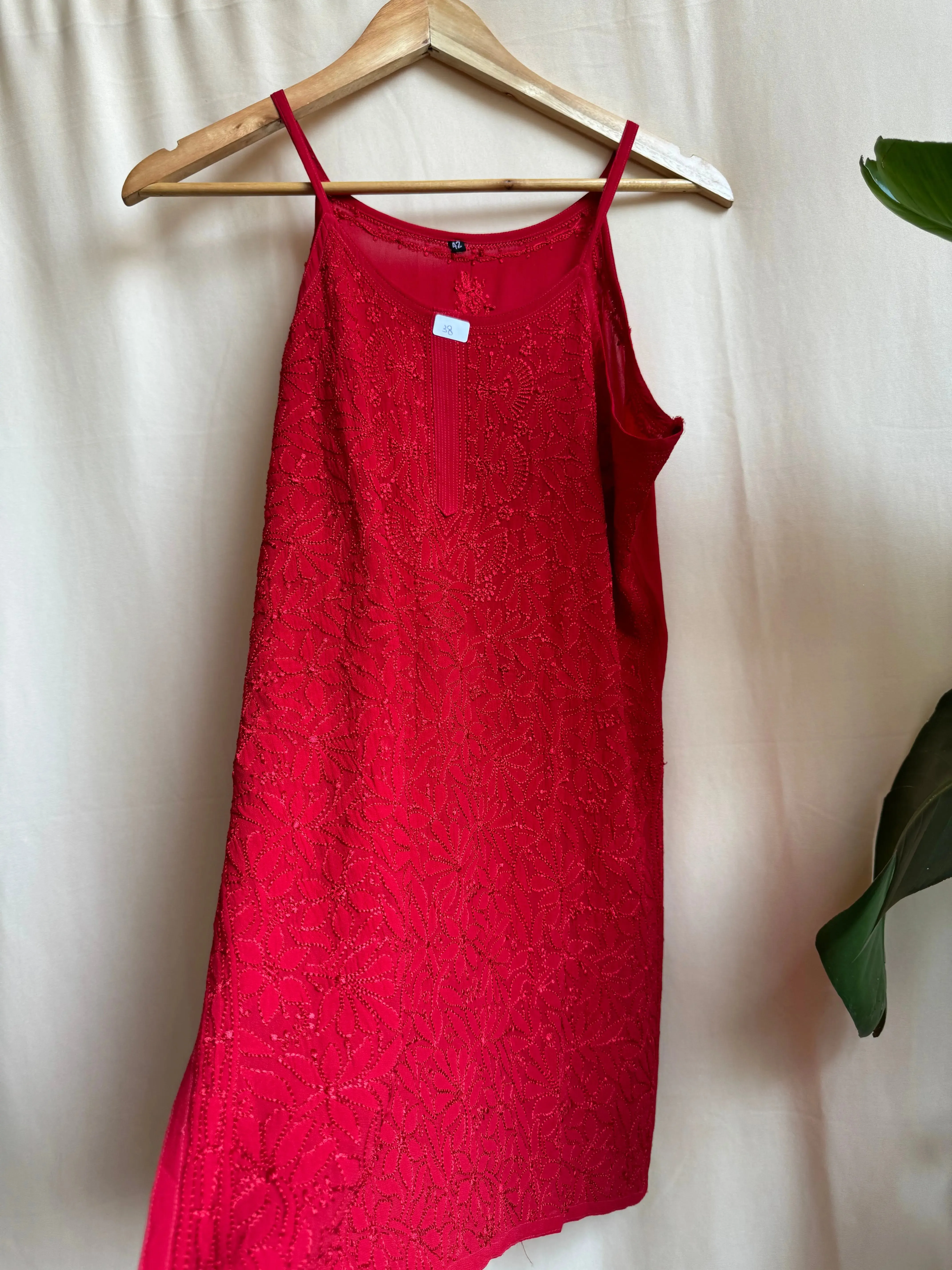 Chikankari Noodle Strap short Top in Red