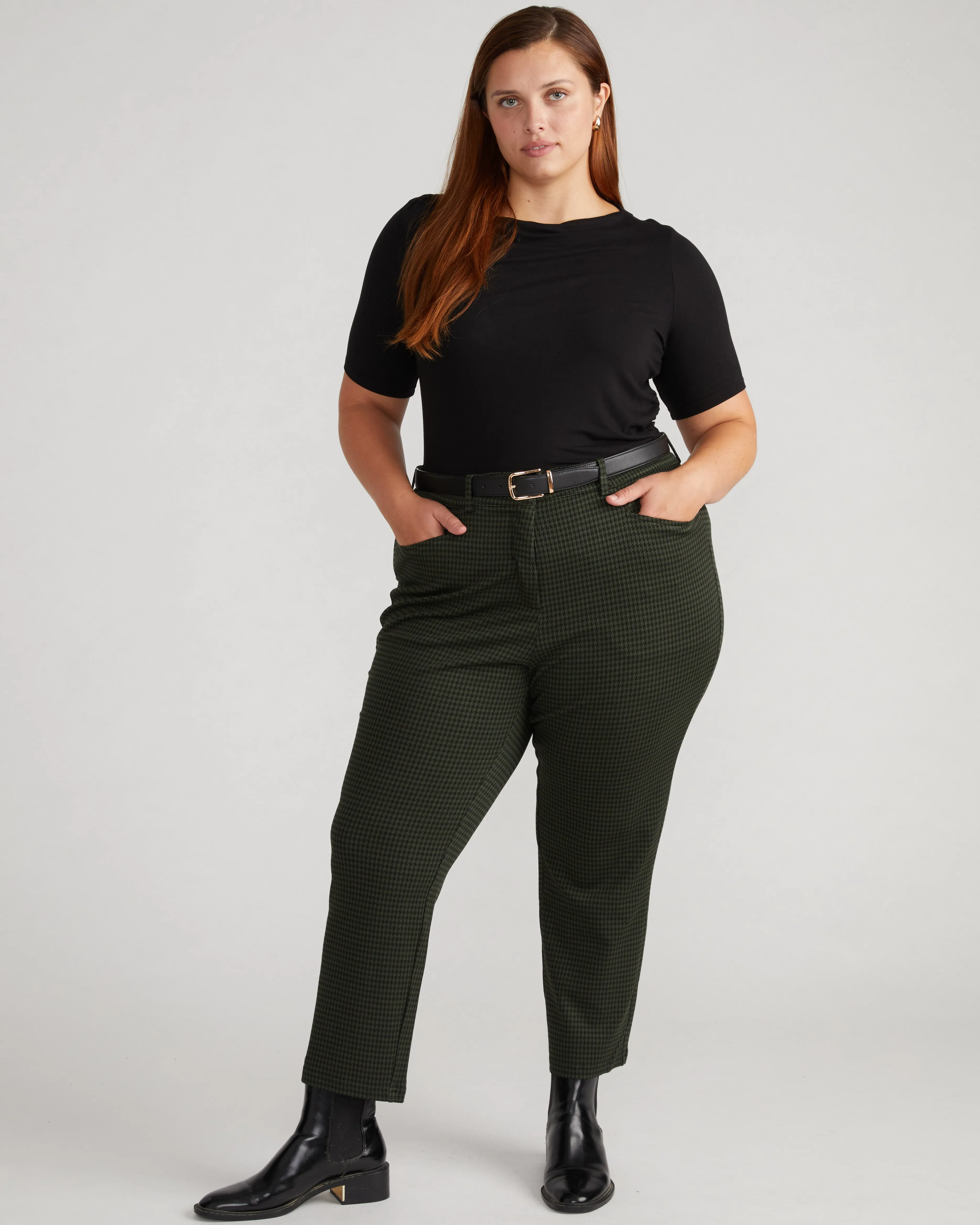 Cigarette Ponte Pants - Forest Houndstooth