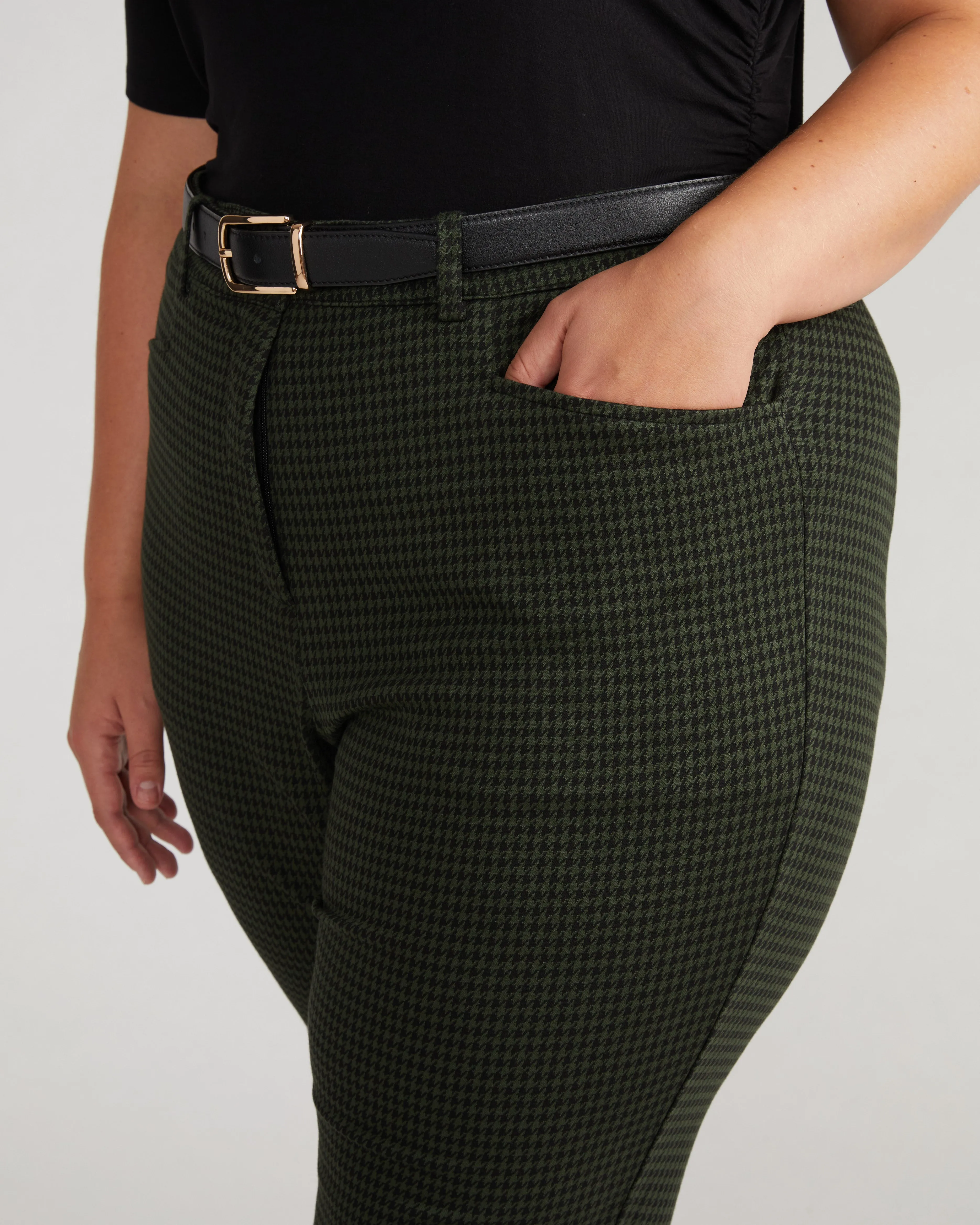 Cigarette Ponte Pants - Forest Houndstooth