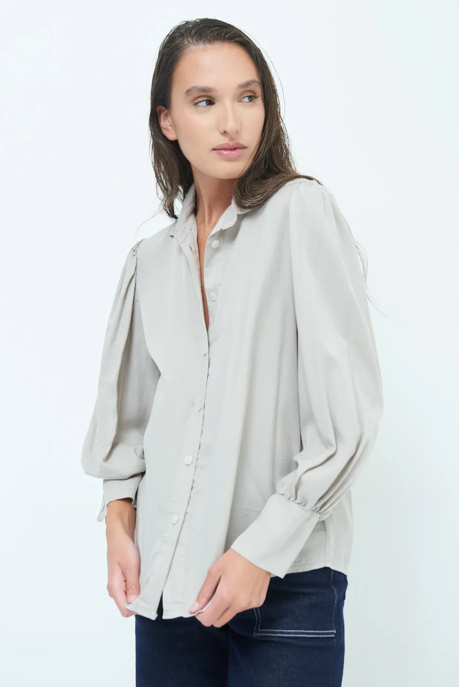 Classic button-up blouse with puff sleeves wholesale