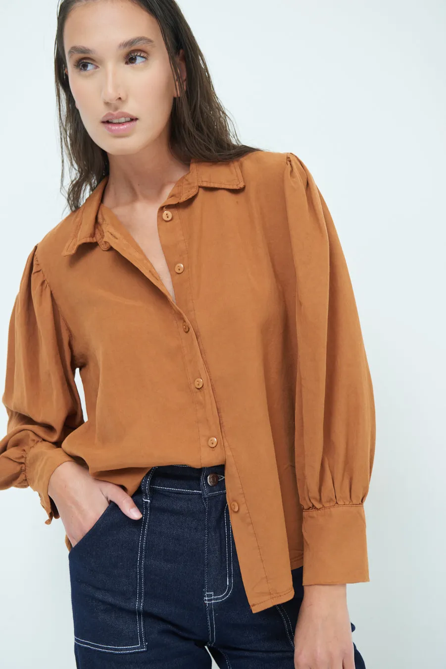 Classic button-up blouse with puff sleeves wholesale