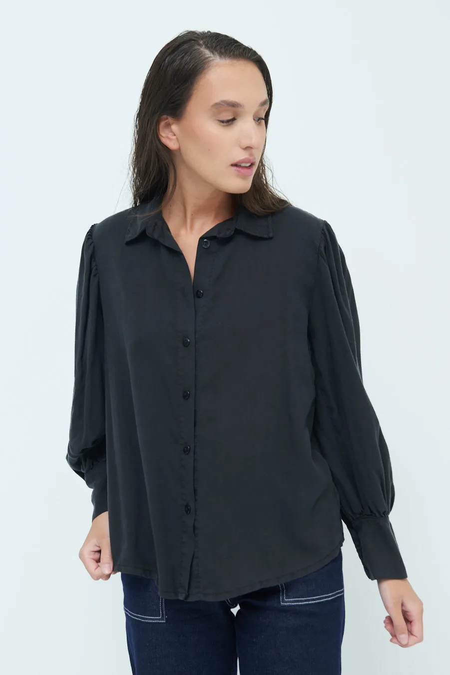 Classic button-up blouse with puff sleeves wholesale