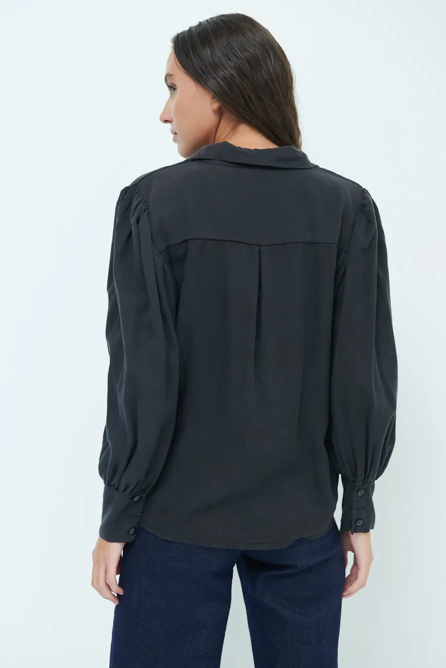 Classic button-up blouse with puff sleeves wholesale