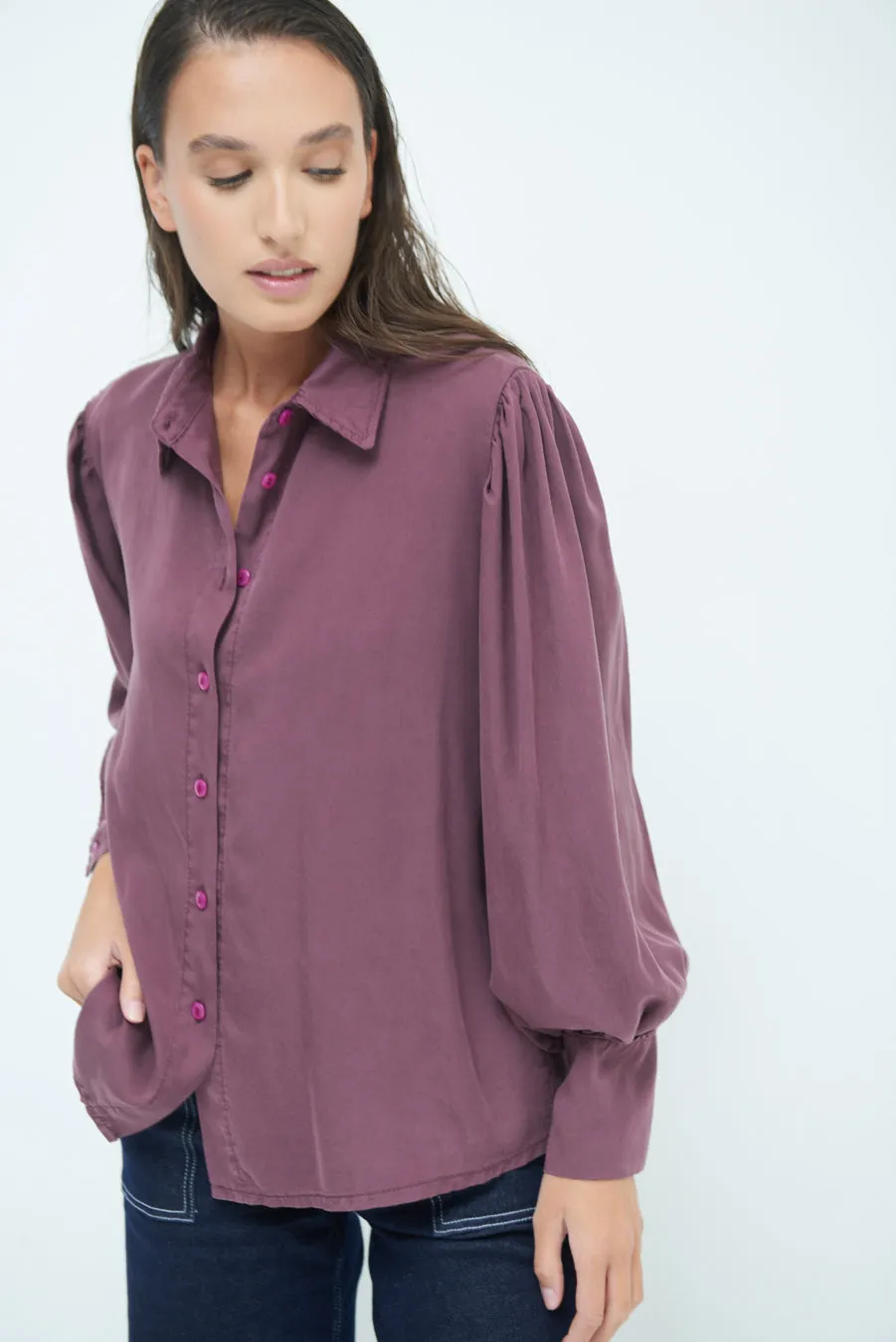 Classic button-up blouse with puff sleeves wholesale