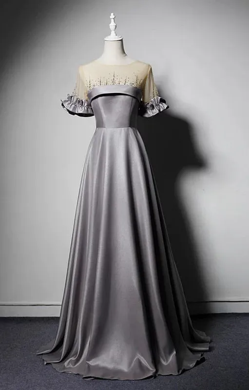 Elegant silver gray short sleeves bodice maxi satin prom dress