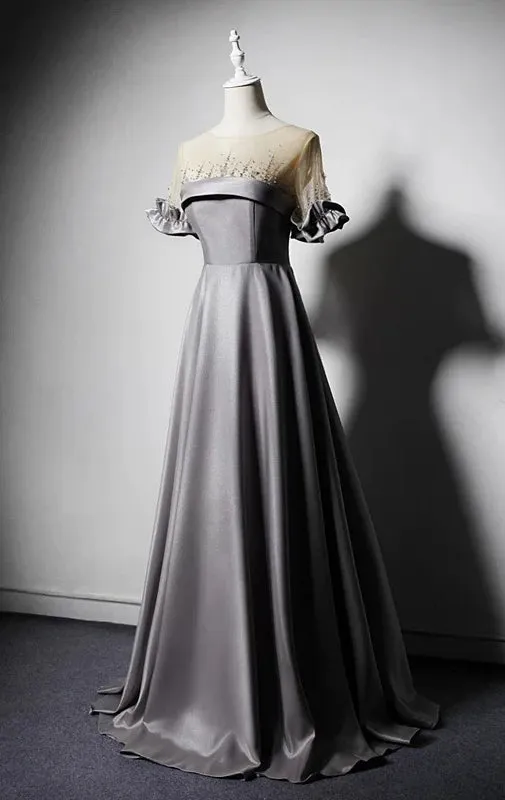 Elegant silver gray short sleeves bodice maxi satin prom dress