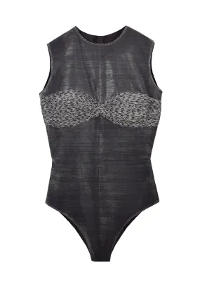 Embroidered Lurex Tulle Sheer Bodysuit