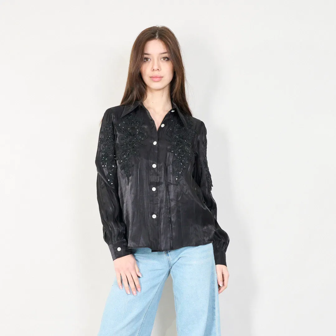 Embroidered velvet blouse with button-up closure wholesale