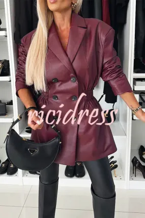 Fashionable Items Faux Leather Button Up Elastic Waistband Lapel Blazer