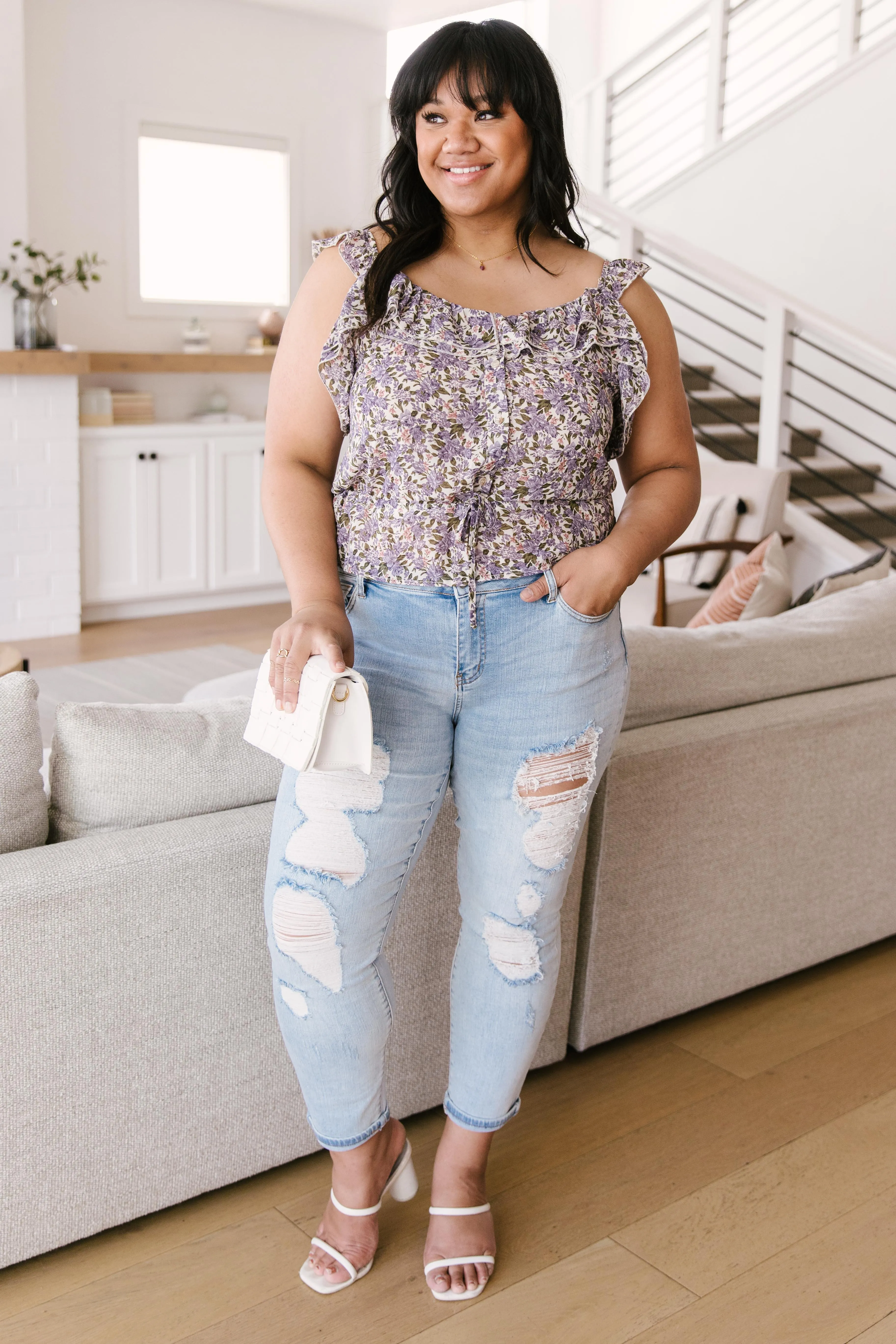 Feminine Floral Top In Plum