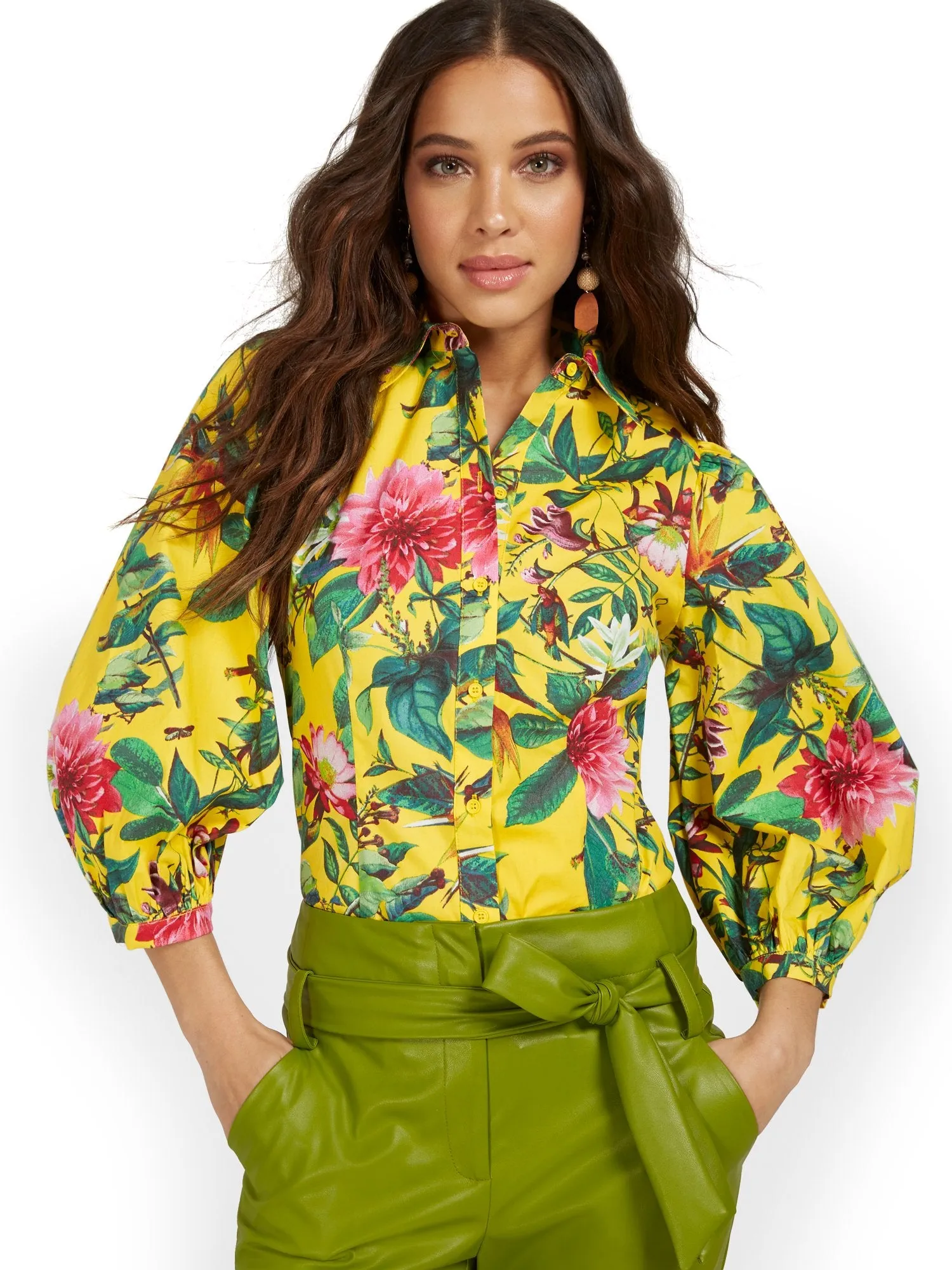 Floral-Print Puff-Sleeve Poplin Shirt