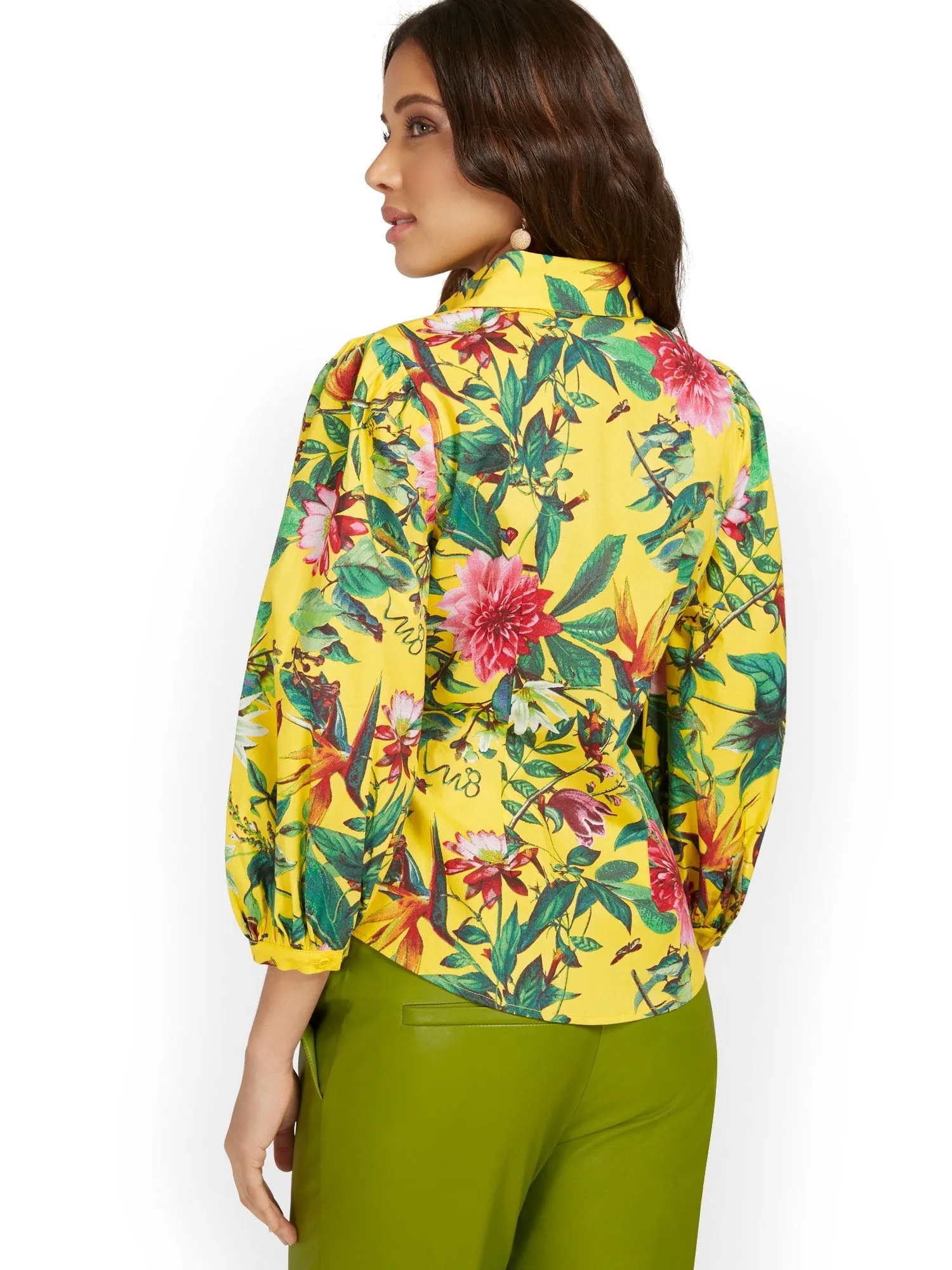 Floral-Print Puff-Sleeve Poplin Shirt