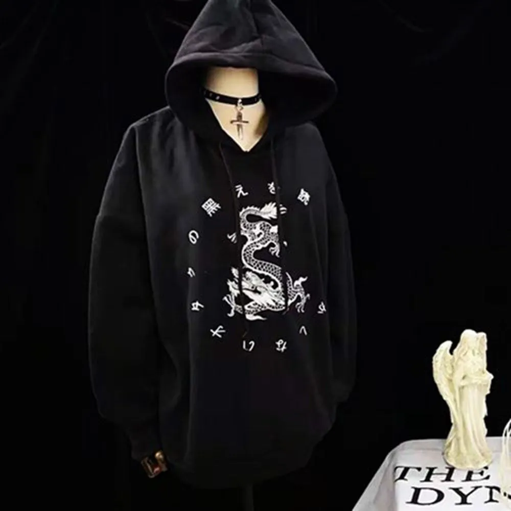 Gothic Black Hooded Loose Sweatshirt