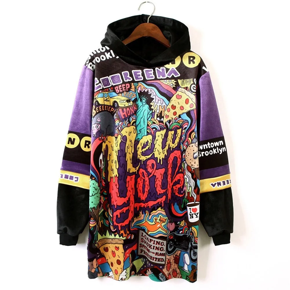 High Street Hip Hop Loose Fleece Cartoon Print Hooded Sweatshirt