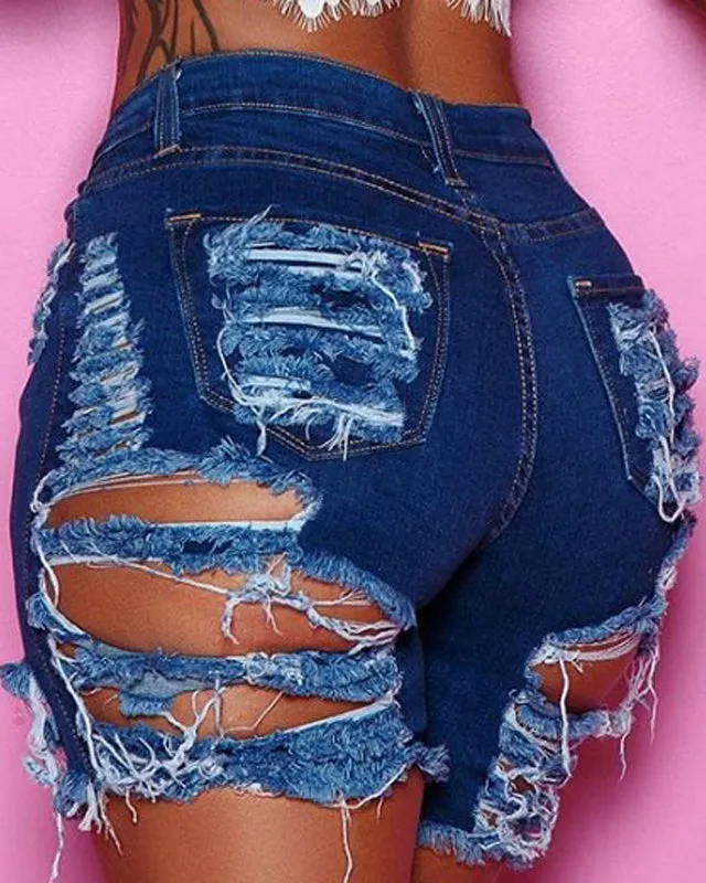 High Waist Ripped Stretch Denim Shorts Women