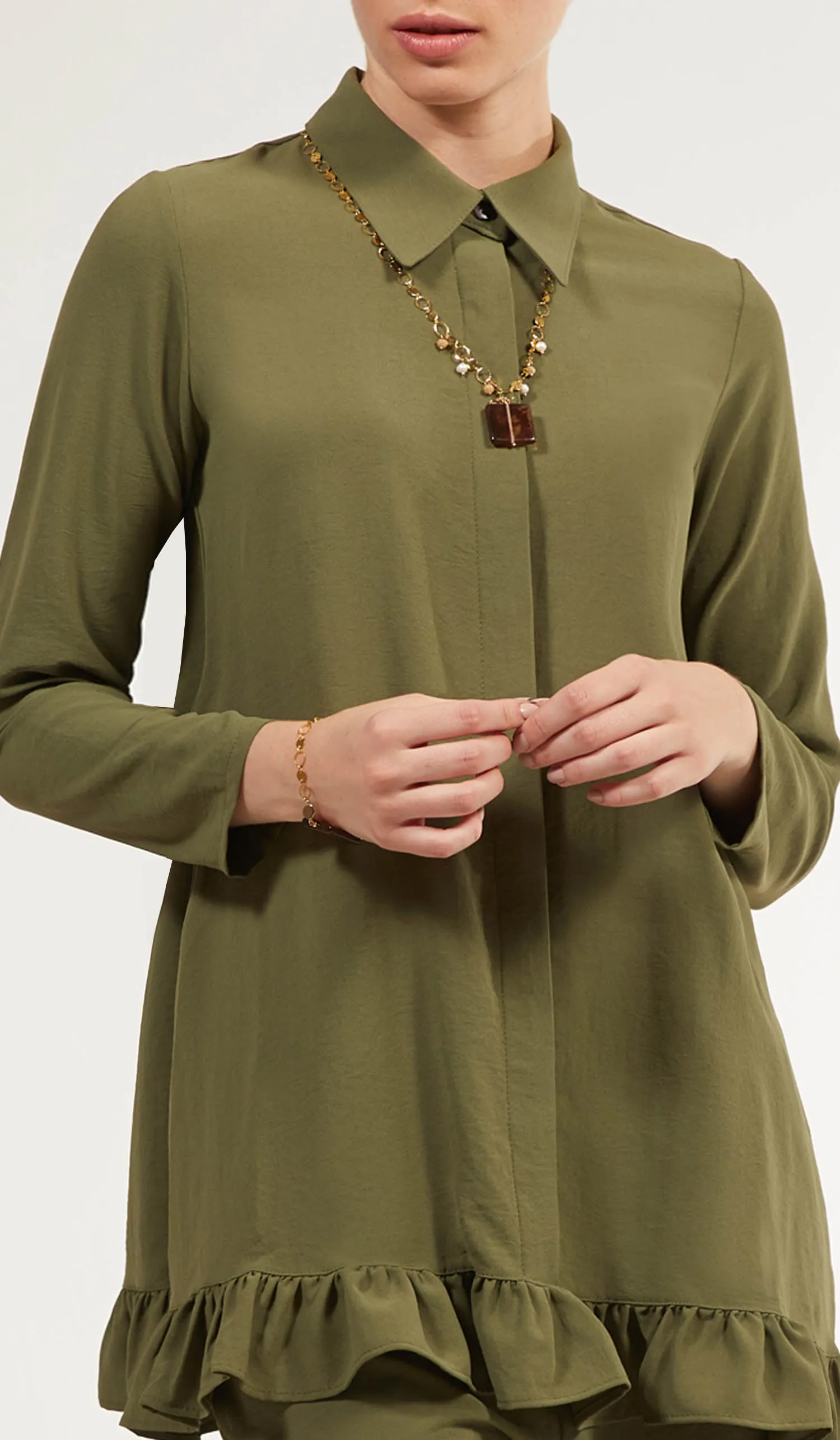 Inaya Flowy Long Modest Buttondown Shirt - Olive - FINAL SALE