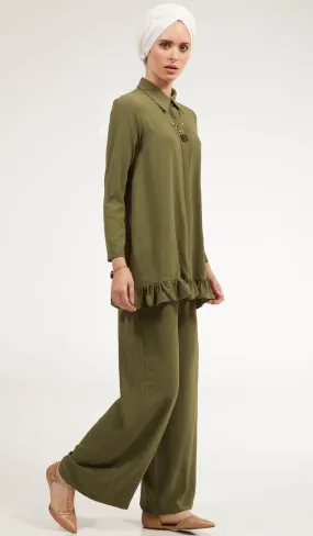 Inaya Flowy Long Modest Buttondown Shirt - Olive - FINAL SALE