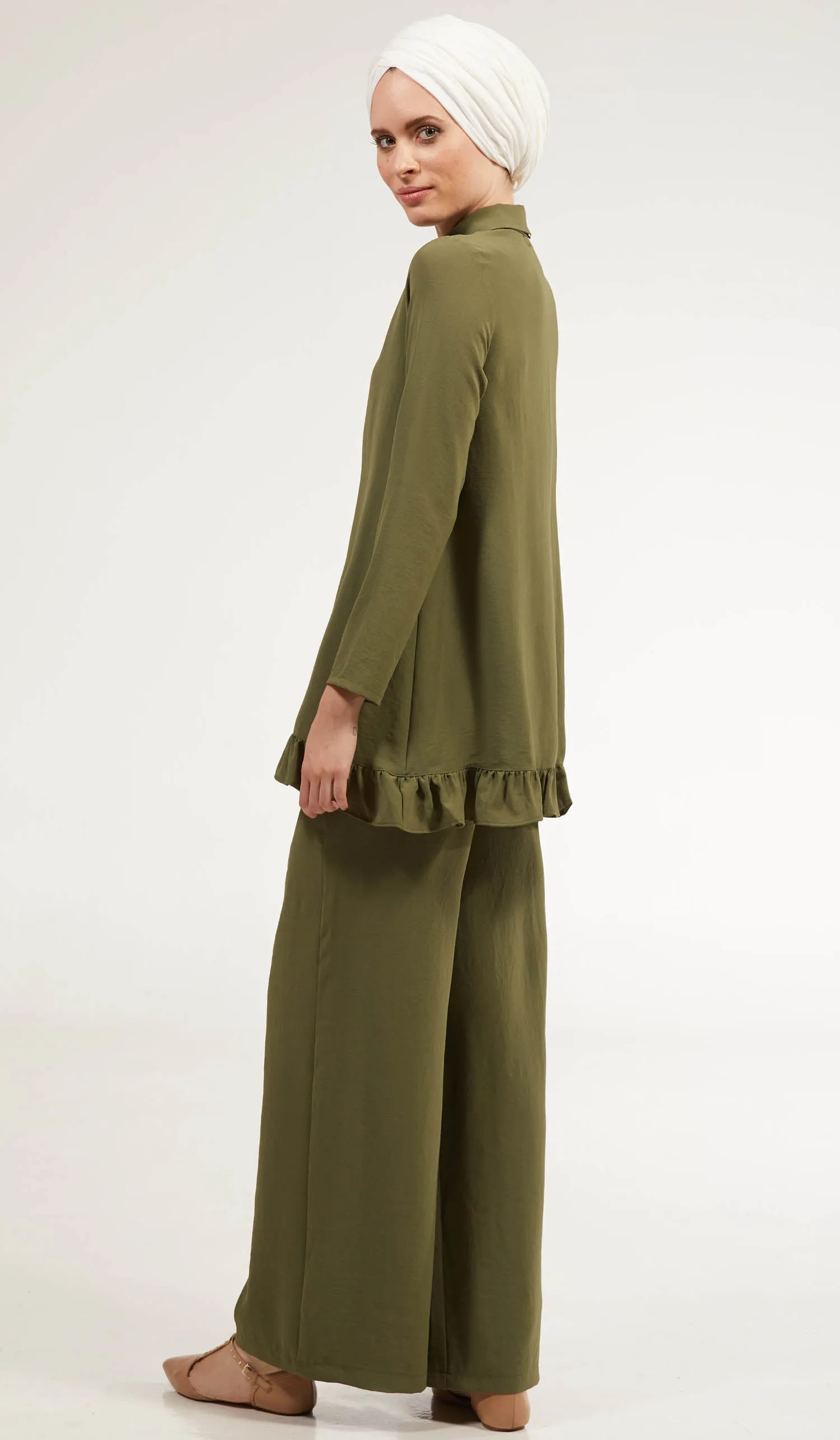 Inaya Flowy Long Modest Buttondown Shirt - Olive - FINAL SALE