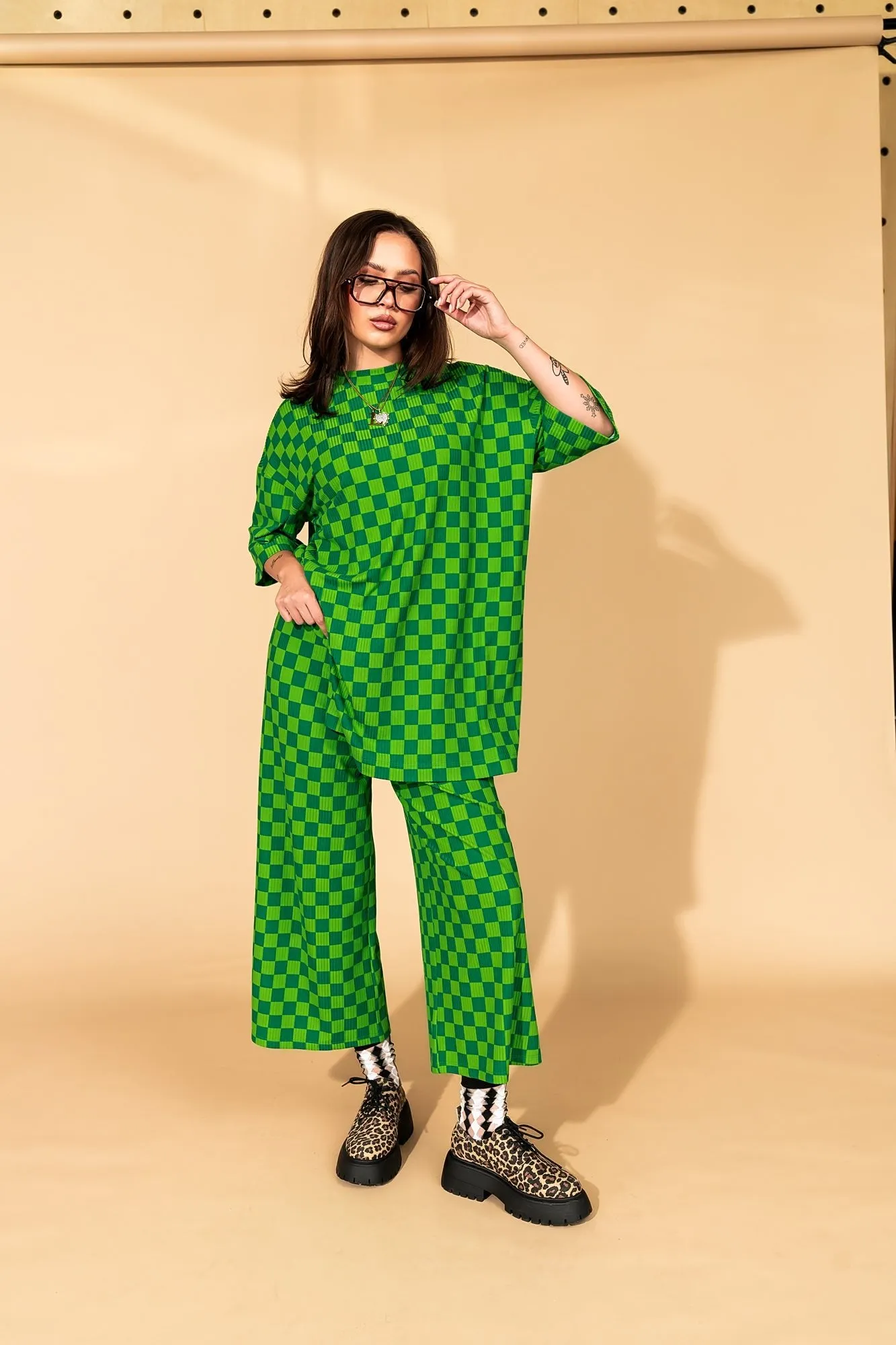 Lex Ribbed Checkerboard Playsuit in Lucky Green