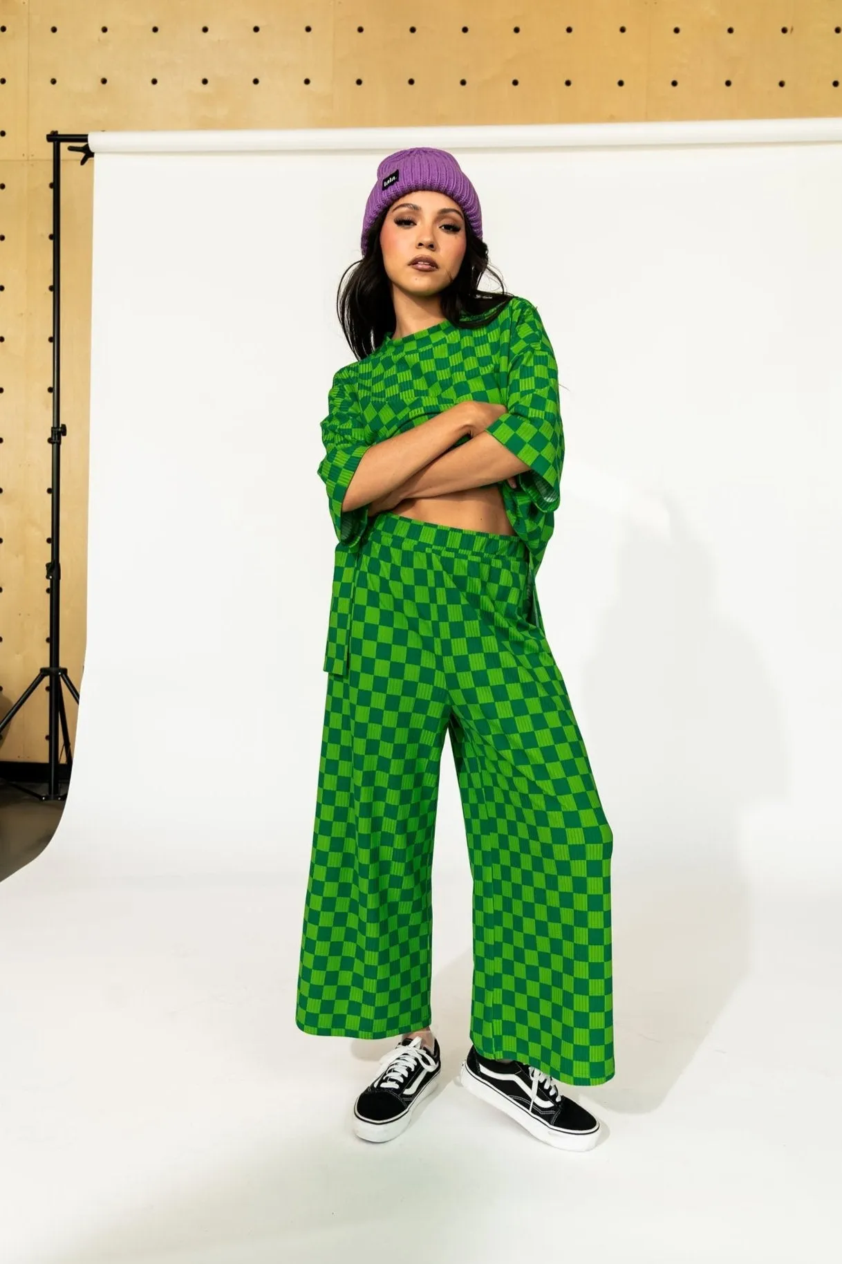 Lex Ribbed Checkerboard Playsuit in Lucky Green