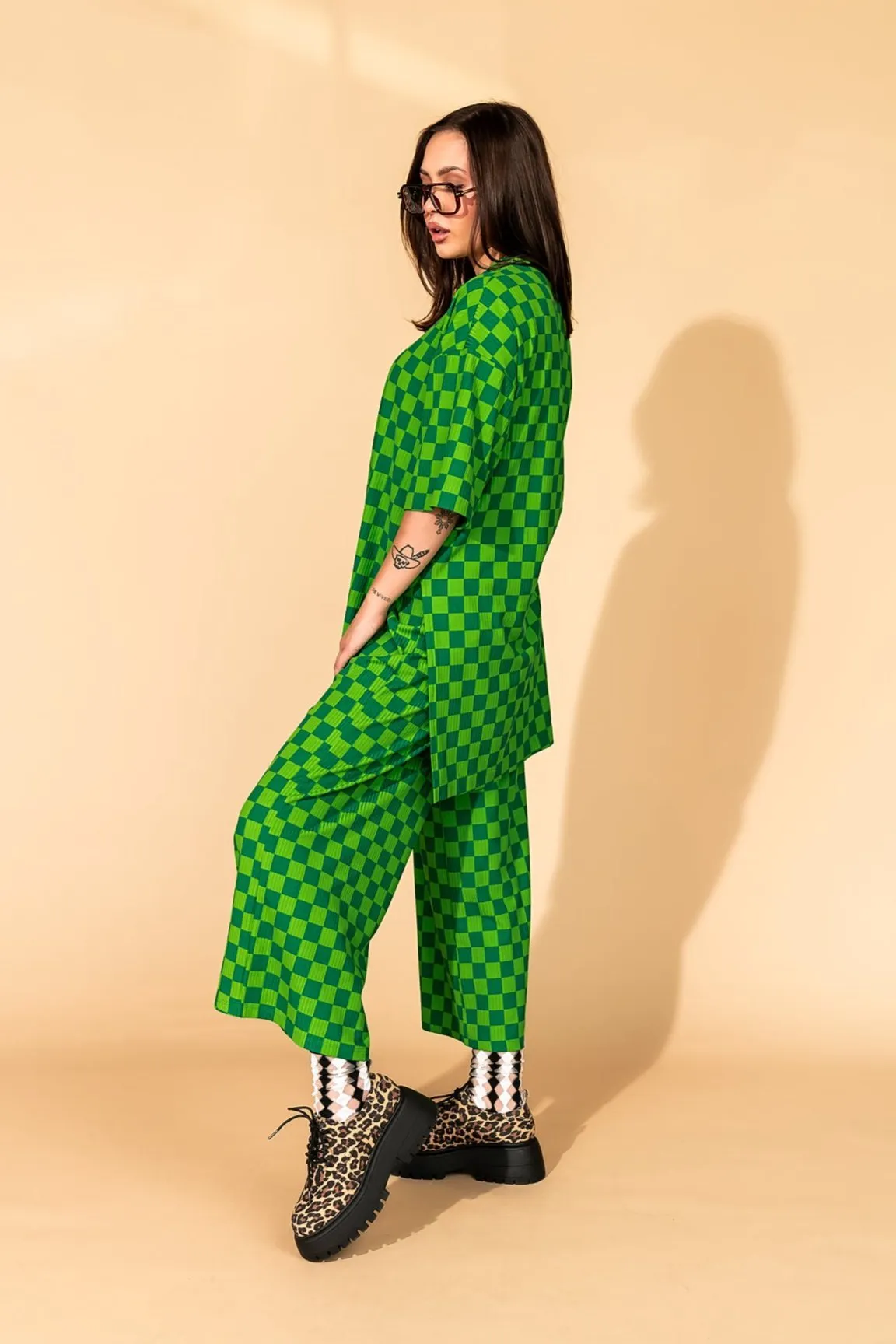 Lex Ribbed Checkerboard Playsuit in Lucky Green