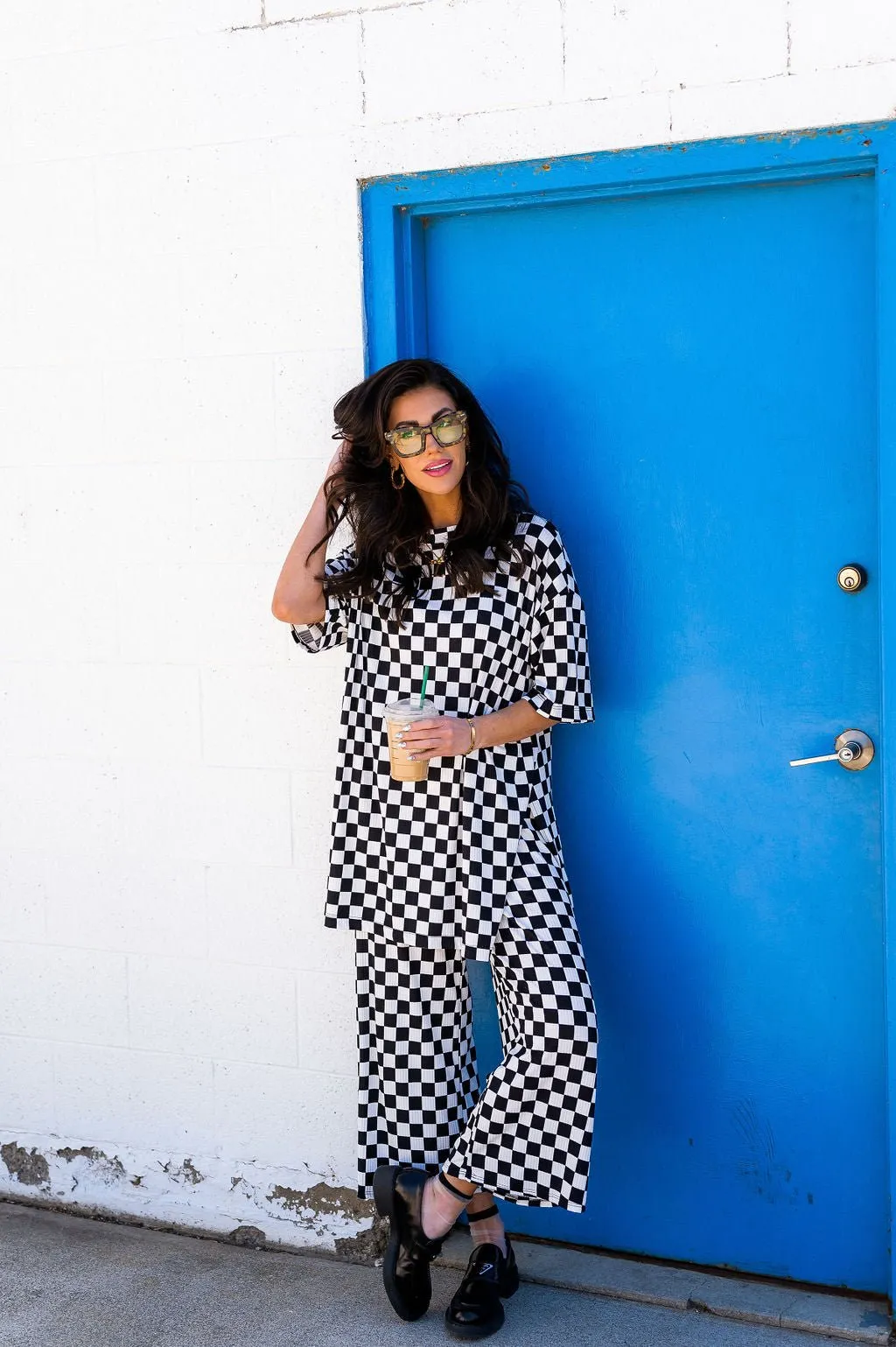 Lex Ribbed Playsuit in Black and White Checkerboard