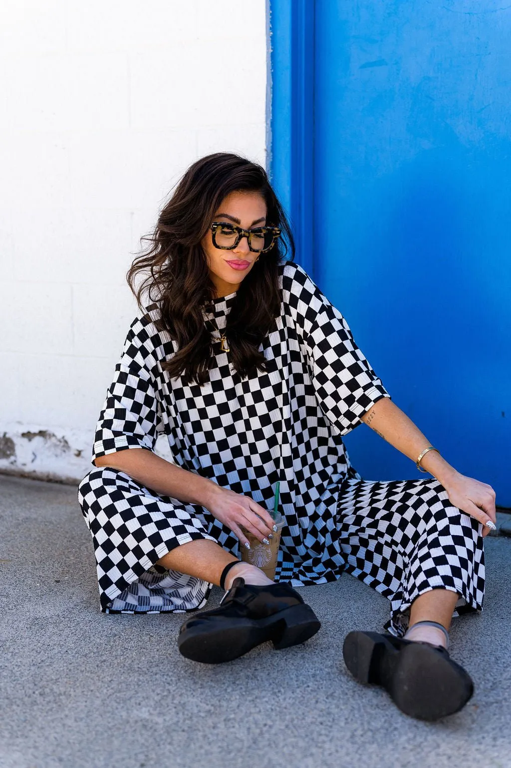 Lex Ribbed Playsuit in Black and White Checkerboard