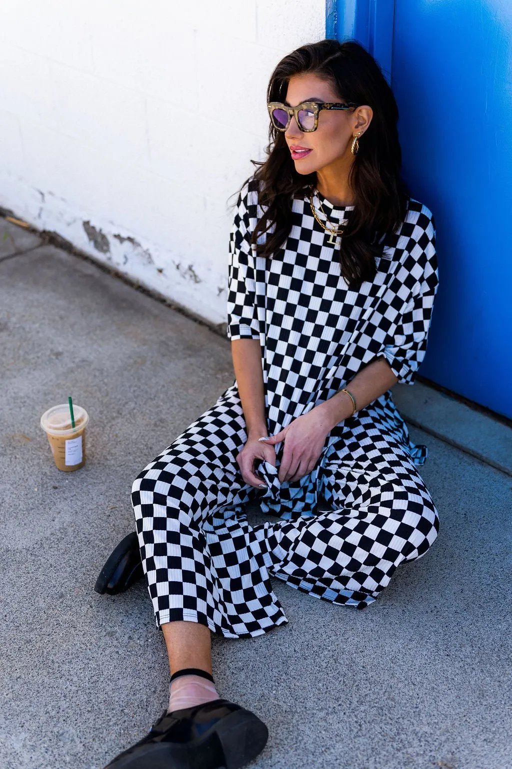 Lex Ribbed Playsuit in Black and White Checkerboard