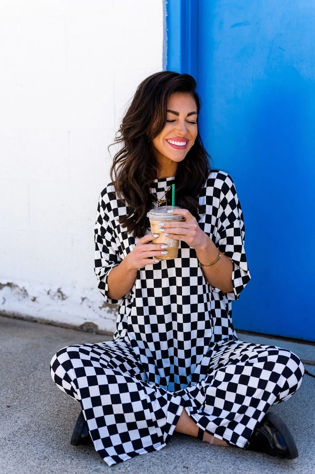 Lex Ribbed Playsuit in Black and White Checkerboard